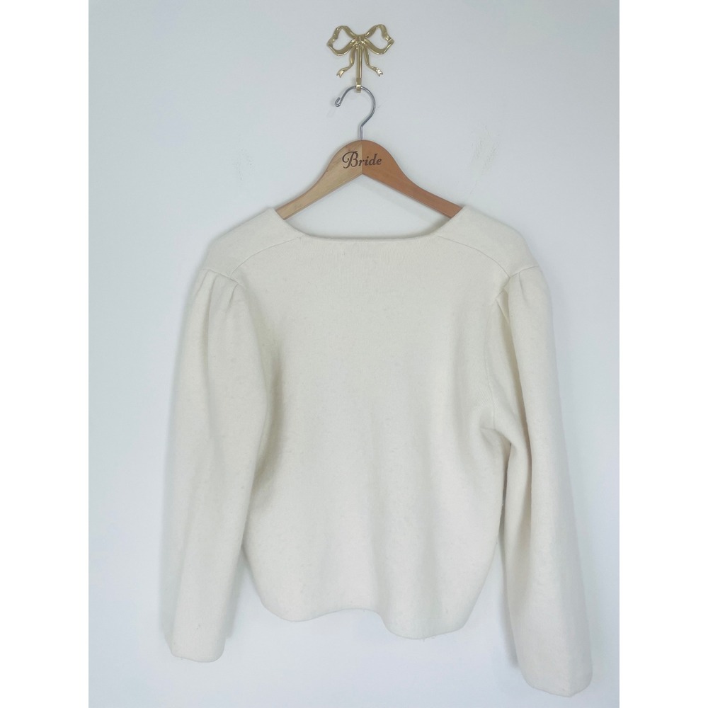 Vita Grace Wool Blend Asymmetric Button Cardigan Cream Puff Shoulder V-Neck - Picture 4 of 7